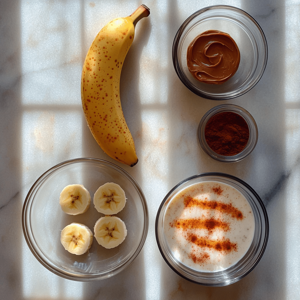 banana-yogurt-ingredients banana yogurt ingredients flat lay