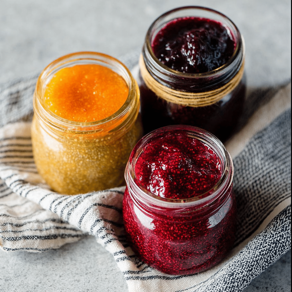chia-jam-filling-guide-variations Trio of chia jam flavors in glass jars