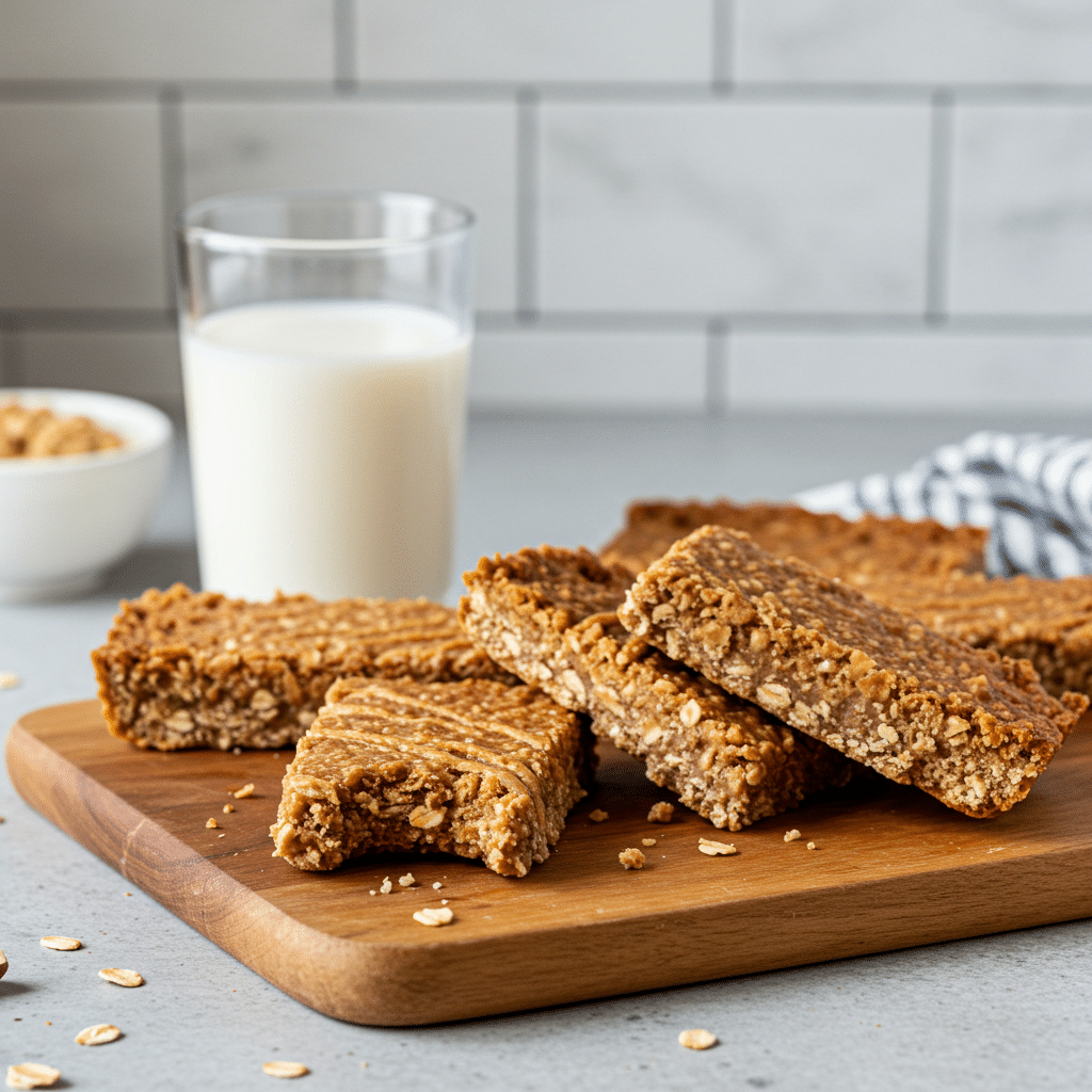 freezer-friendly-no-bake-peanut-butter-oat-bars-serving Freezer-Friendly No-Bake Peanut Butter Oat Bars served with milk