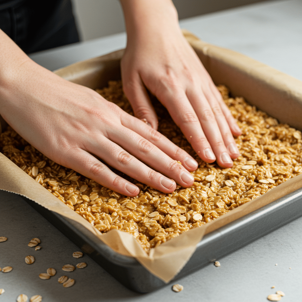freezer-friendly-no-bake-peanut-butter-oat-bars-steps Pressing Freezer-Friendly No-Bake Peanut Butter Oat Bars into pan