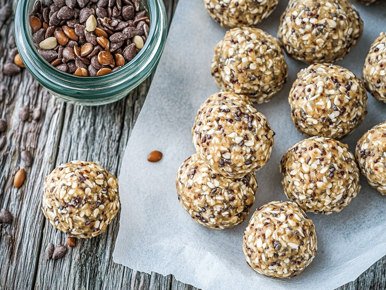 high-protein-no-bake-energy-bites-featured. High-Protein No-Bake Energy Bites on parchment paper