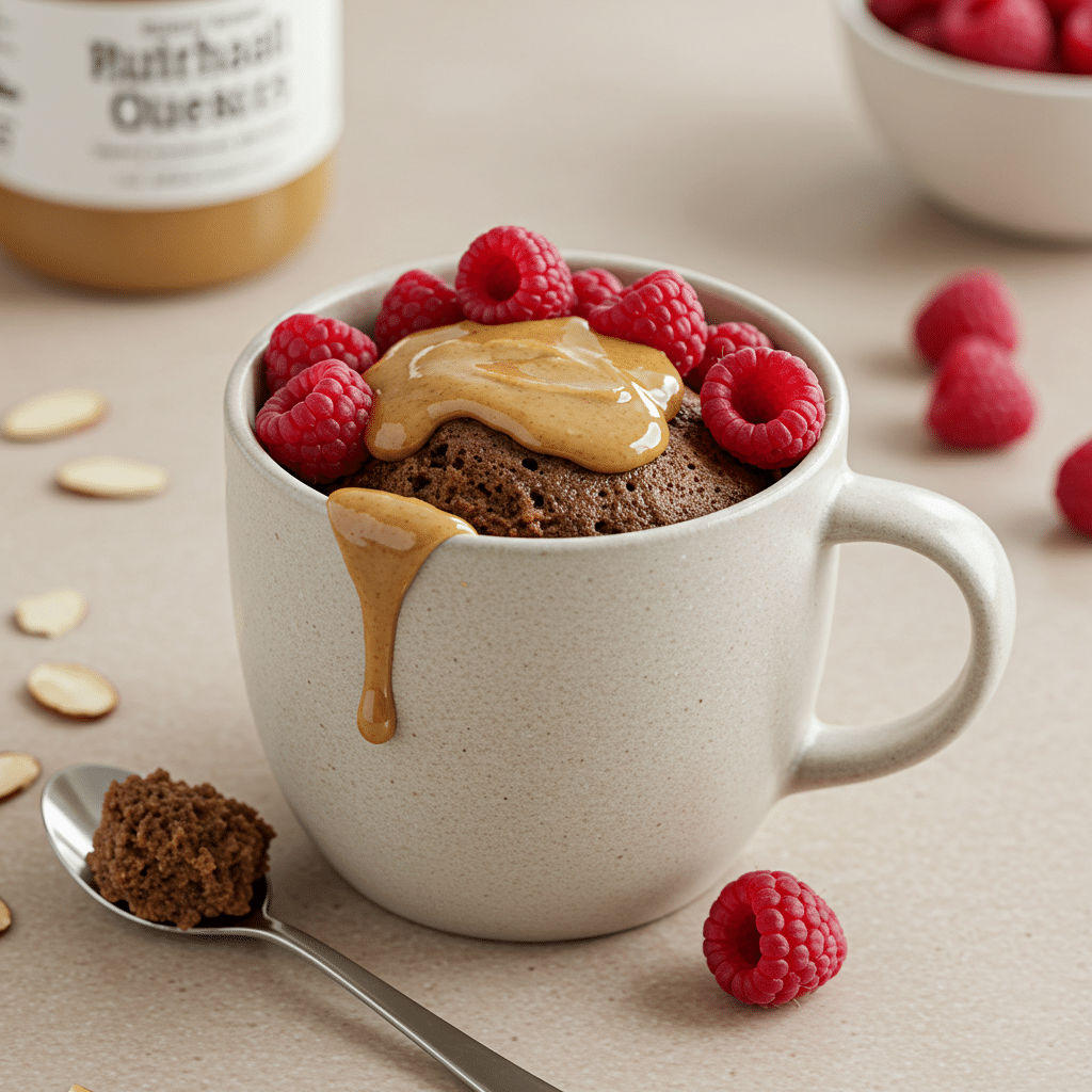 high-protein-vegan-cake-topped finished high-protein vegan mug cake with toppings
