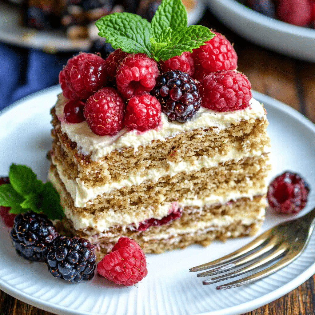 icebox-cake-serving-style Plated icebox cake with berries and mint