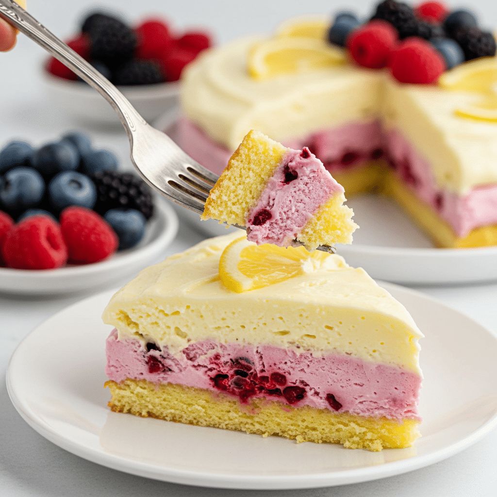 lemon-berry-icebox-cake-serving Lemon berry icebox cake slice ready to eat