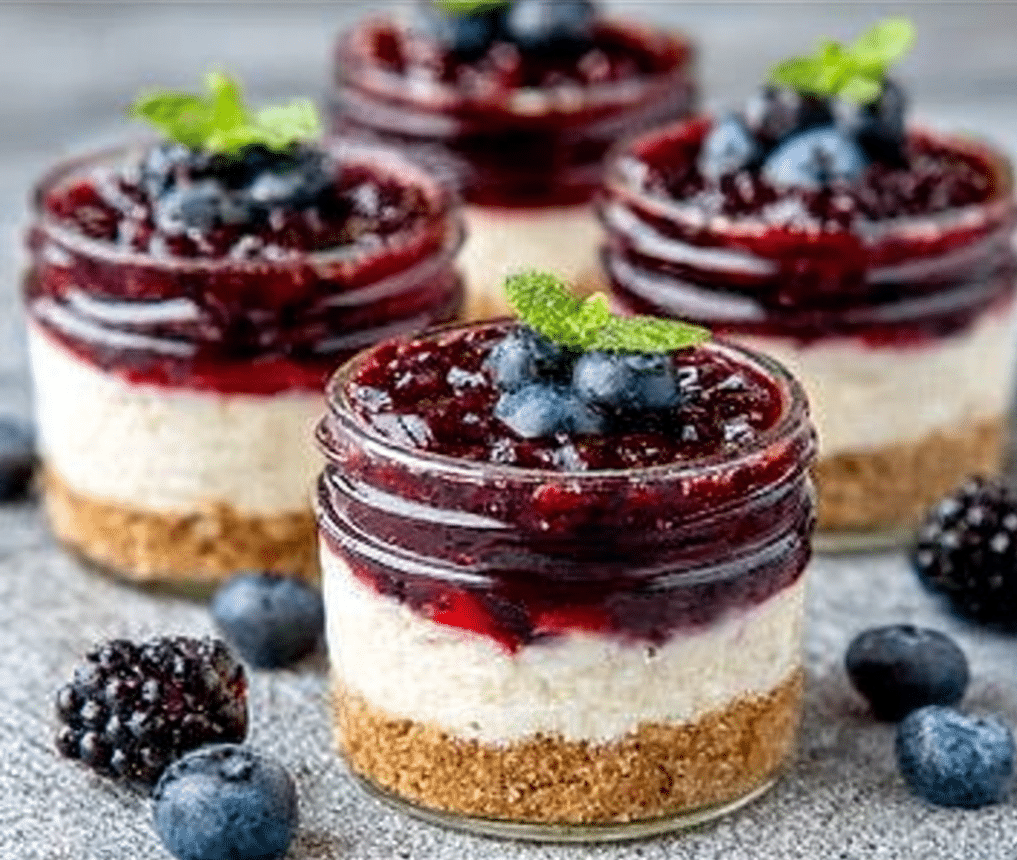 Vegan no-bake cheesecake cups topped with berries