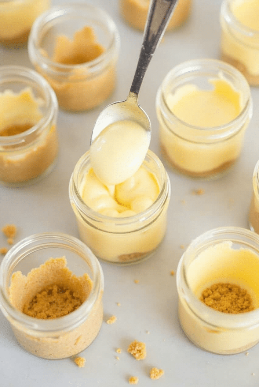 no-bake-cheesecake-cups-prep Pressing crust and filling no-bake cheesecake jars