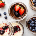 Vegan cheesecake cups in jars with assorted toppings