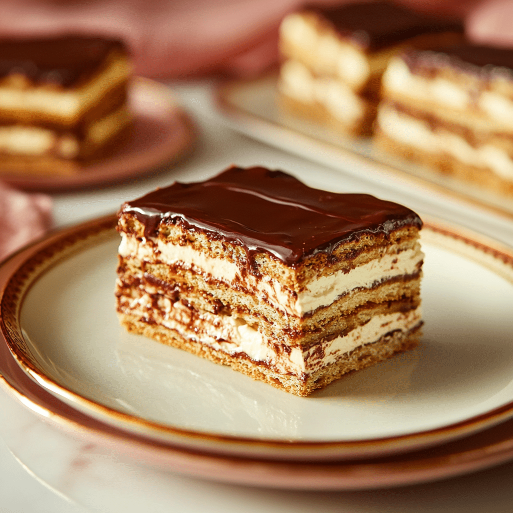 No-bake chocolate éclair cake sliced with creamy layers