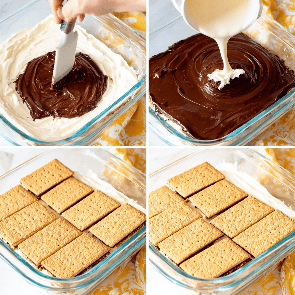 no-bake-chocolate-eclair-cake-step Layering pudding in no-bake chocolate éclair cake
