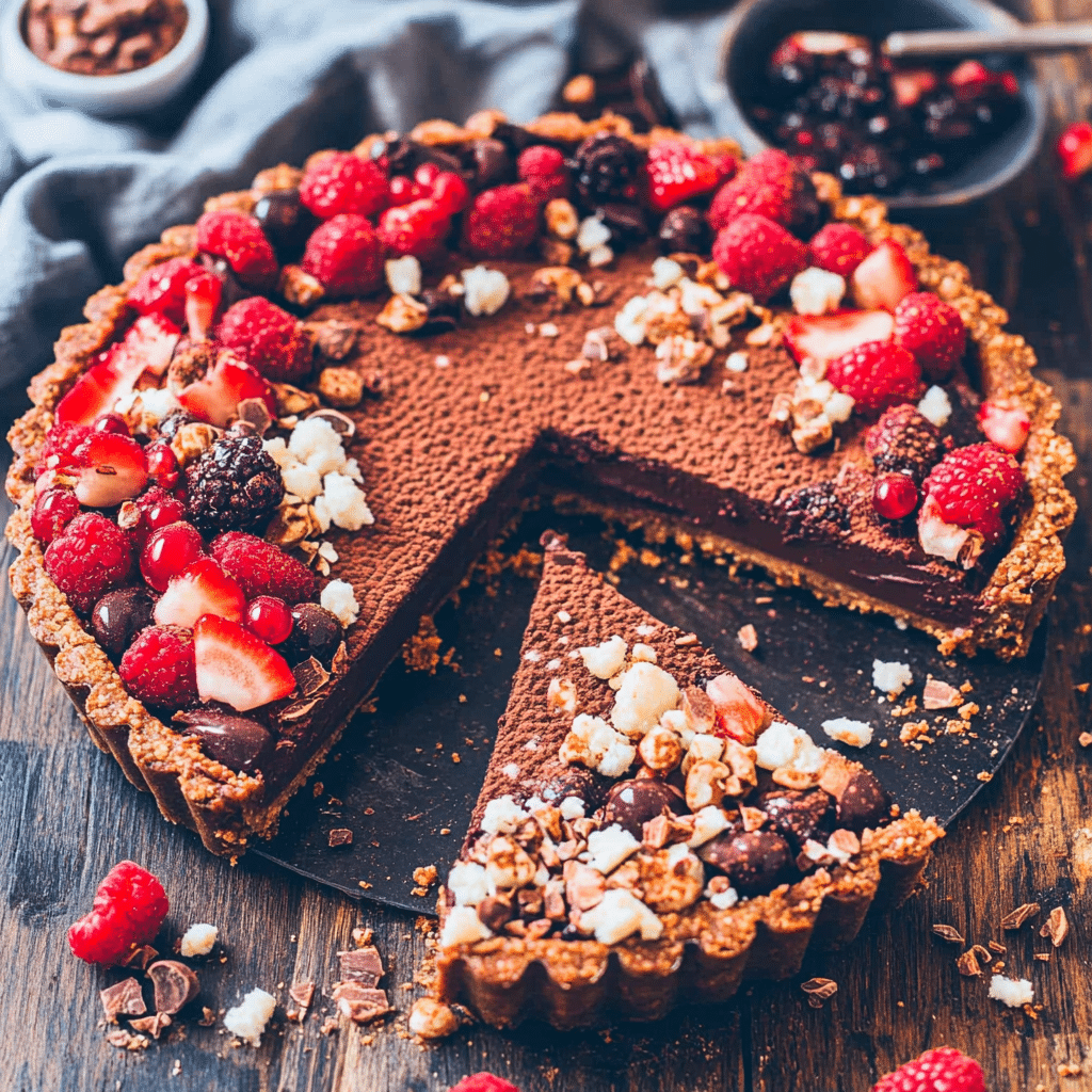 No-bake chocolate tart sliced and topped with berries