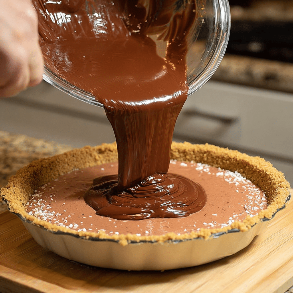 no-bake-chocolate-tart-pouring Chocolate tart filling being poured into no-bake crust