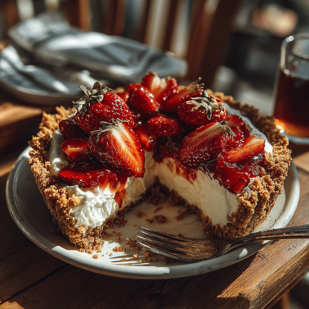No-bake strawberry pie on a rustic summer table