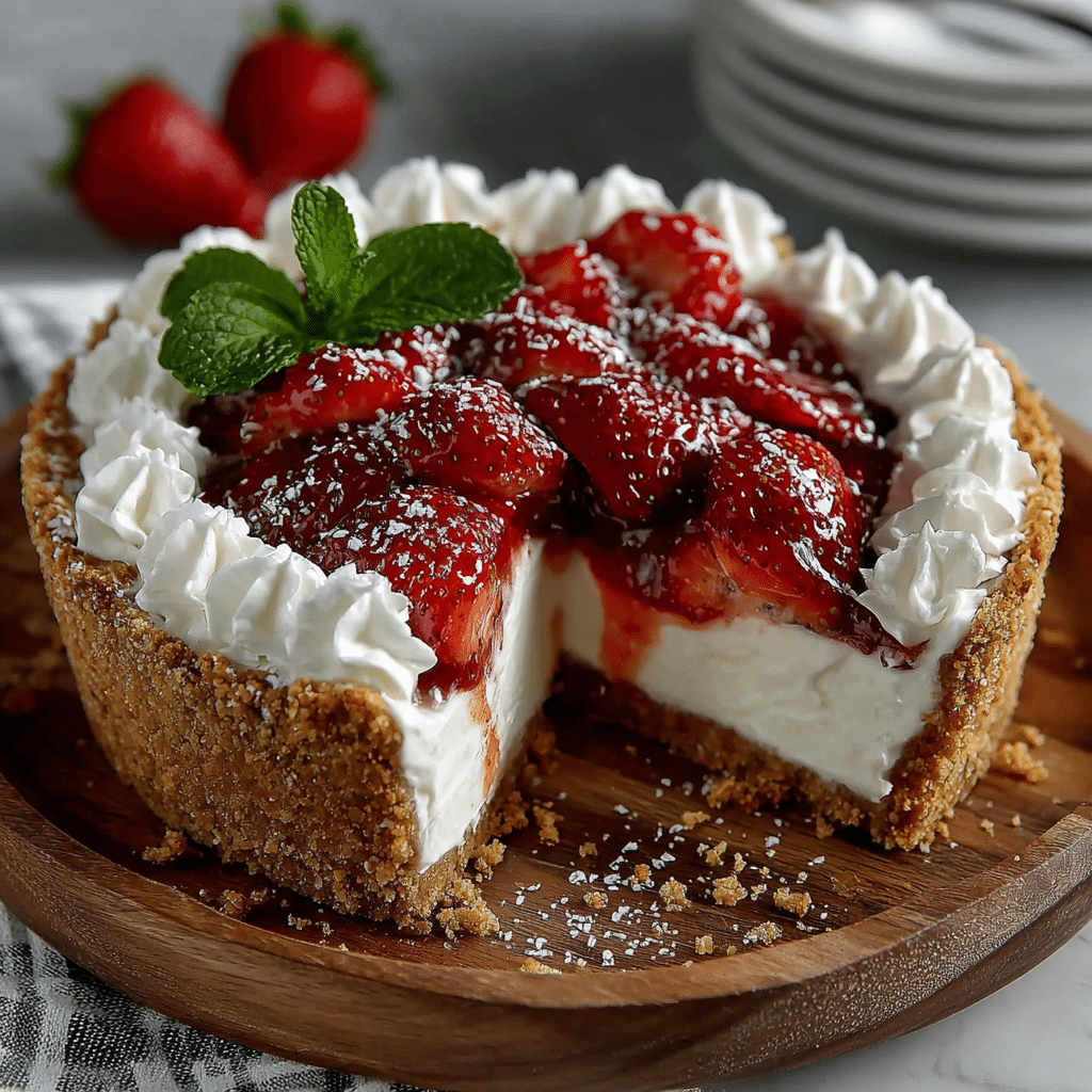 no-bake-strawberry-pie-recipe-card Whole no-bake strawberry pie with one slice cut