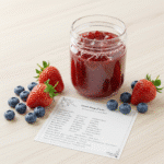 Recipe card with no-cook strawberry jam