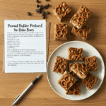 Peanut butter pretzel bars no bake dessert recipe card and finished bars