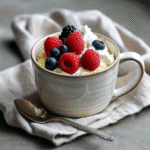 Served 5-minute vegan mug cake with toppings