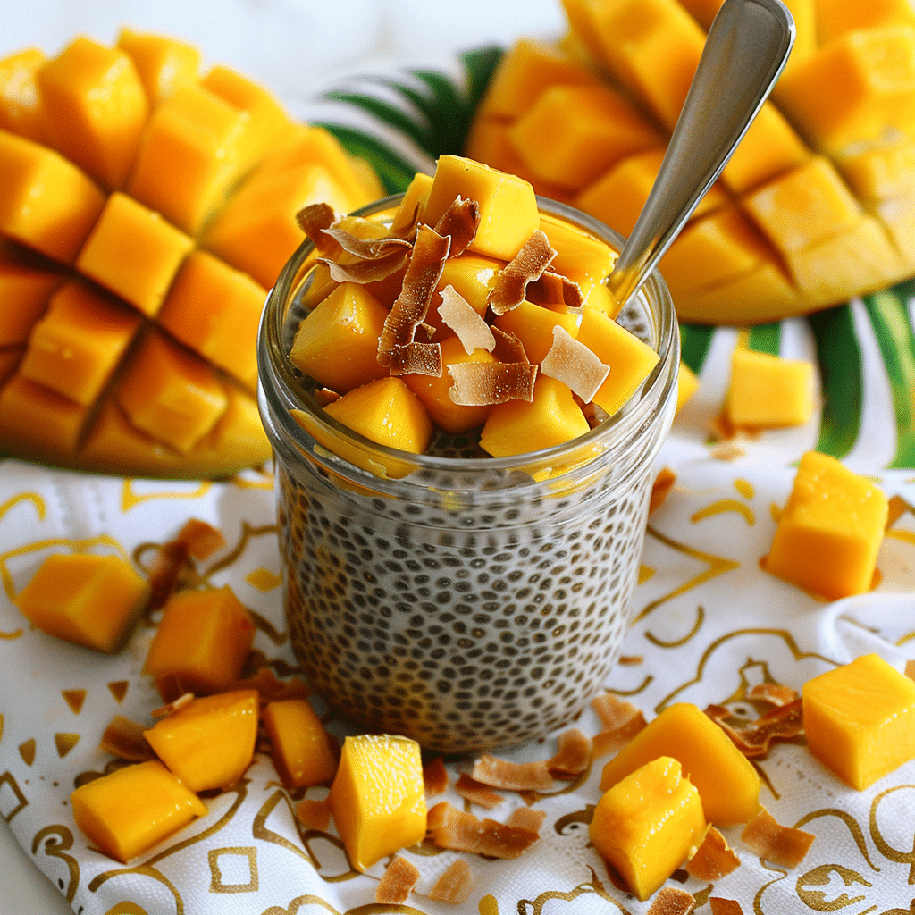 serving-mango-chia-cup spoon in creamy mango chia pudding