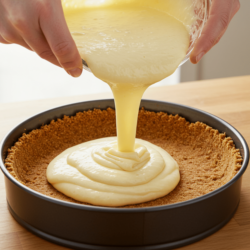 step pour vegan blueberry cheesecake