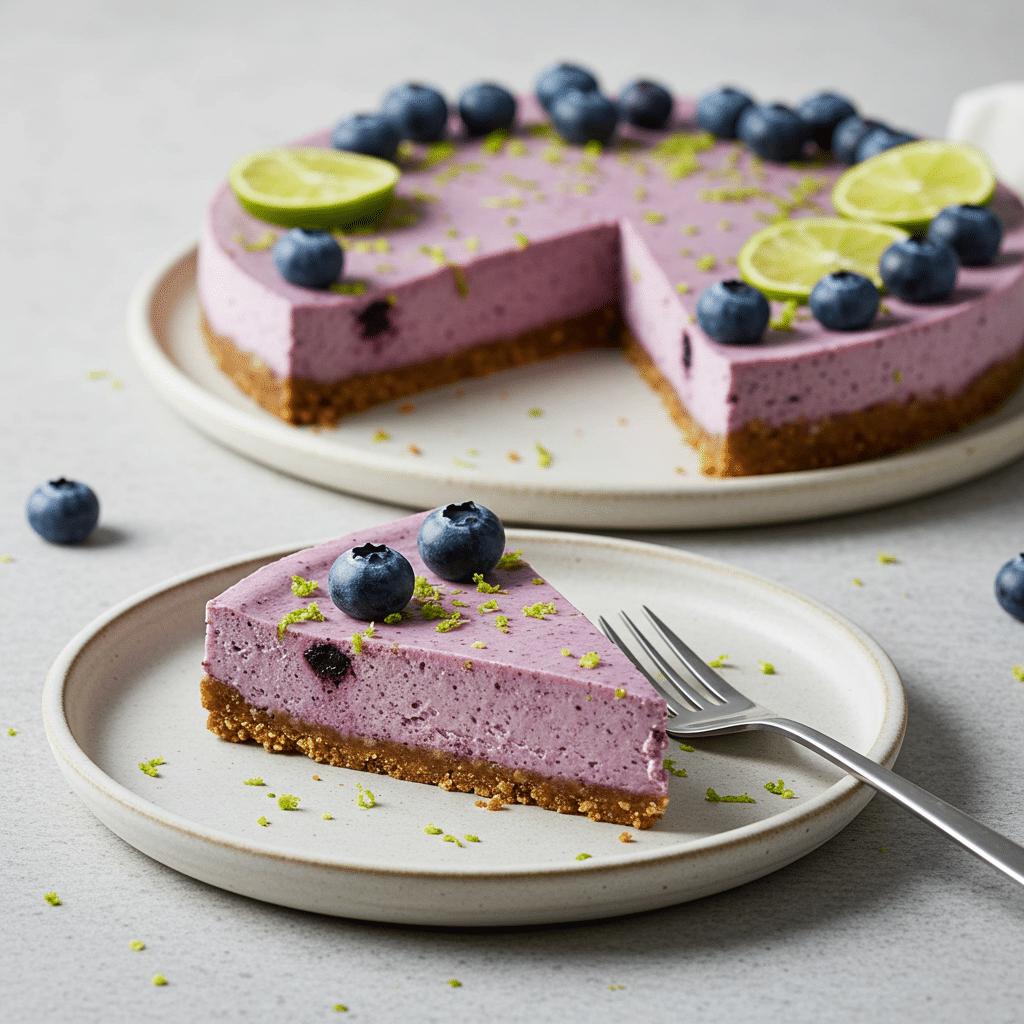 vegan blueberry cheesecake with lime on white plate