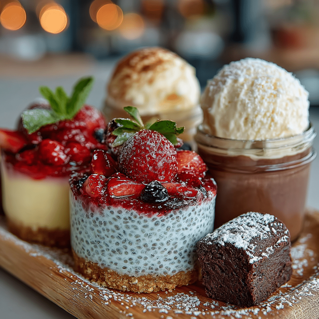 Assorted vegan desserts arranged on rustic table