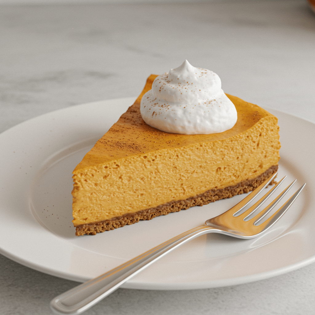 Slice of vegan pumpkin cheesecake served