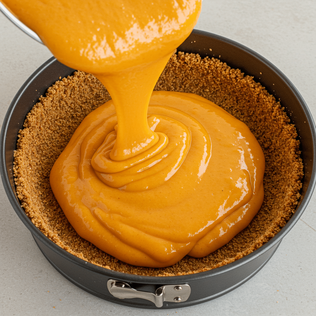 Pouring vegan pumpkin filling into crust