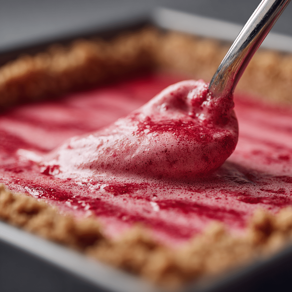 vegan-strawberry-cream-bars-filling-step Spreading strawberry filling into the crust for vegan bars