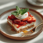 Served slice of vegan strawberry cream bar with garnish