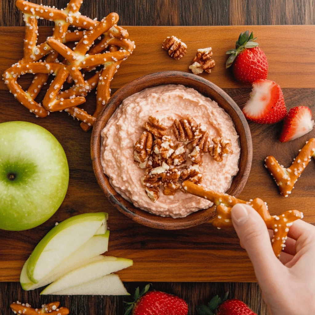 vegan-tahini-brownie-batter-dip-serving Vegan tahini brownie batter dip with fruits and pretzels